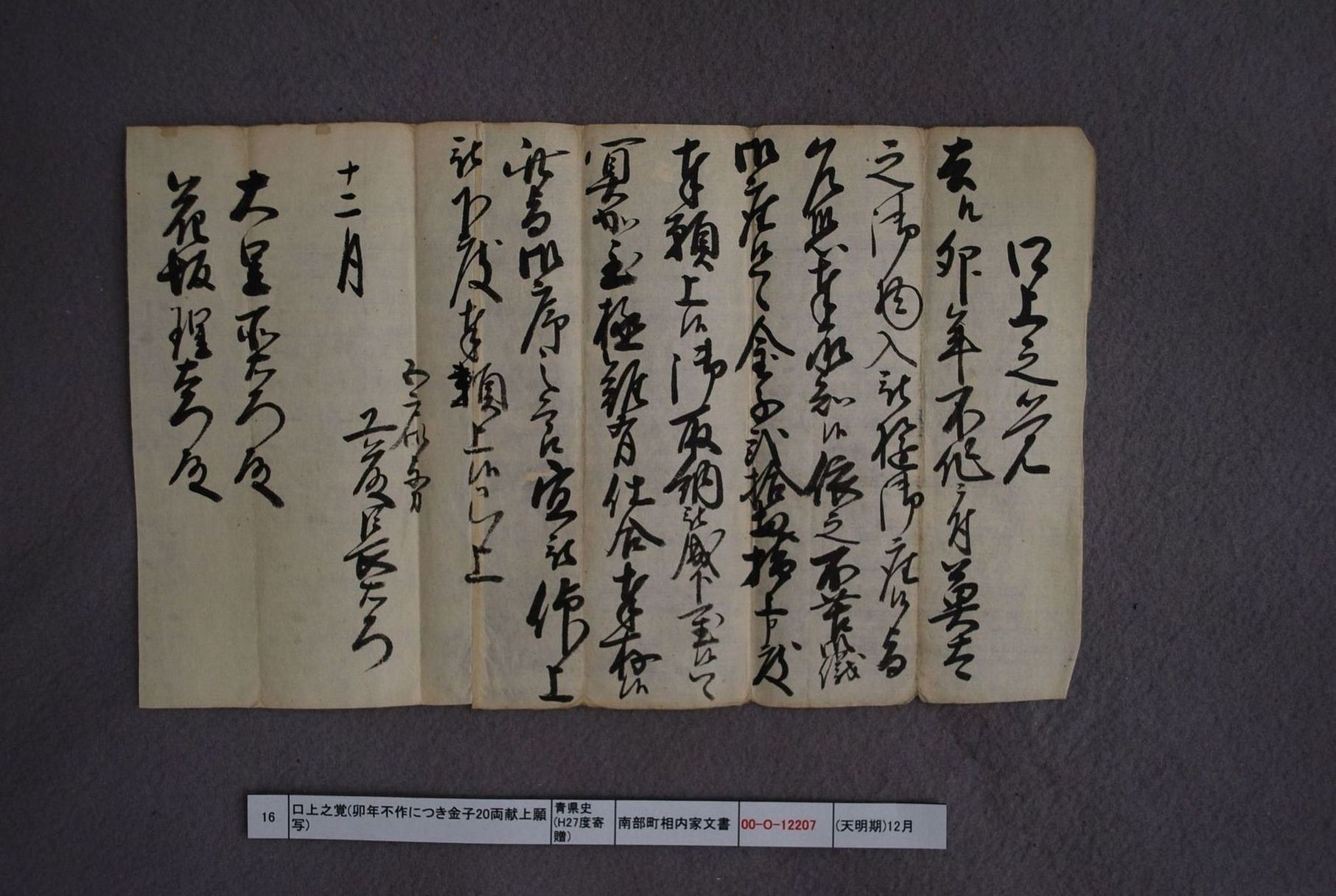 口上之覚(卯年不作につき金子20両献上願写)